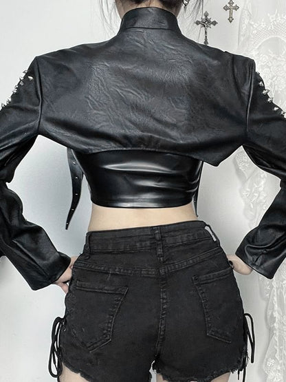 Long-Sleeve Faux Leather Studded Shrug - Sleeveless Crop Top - High Waist Mini Skirt