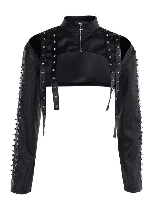 Long-Sleeve Faux Leather Studded Shrug - Sleeveless Crop Top - High Waist Mini Skirt