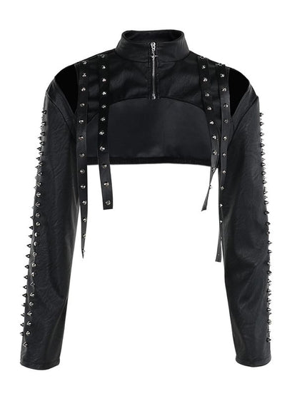 Long-Sleeve Faux Leather Studded Shrug - Sleeveless Crop Top - High Waist Mini Skirt