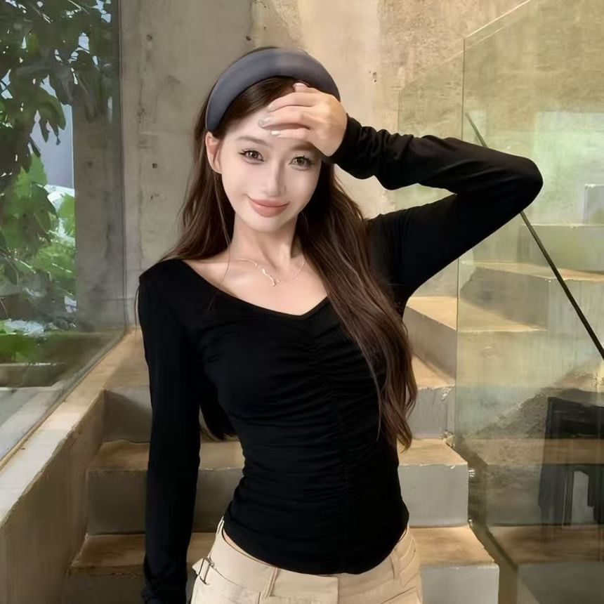 Cinched V-Neck Crop Top with Long Sleeves