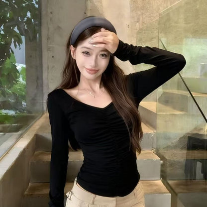 Cinched V-Neck Crop Top with Long Sleeves