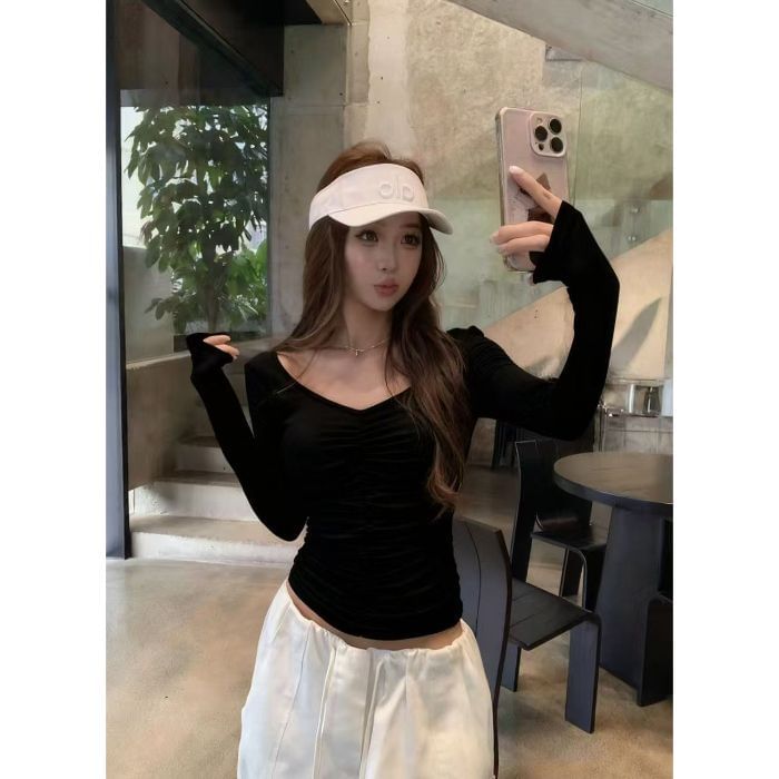Cinched V-Neck Crop Top with Long Sleeves