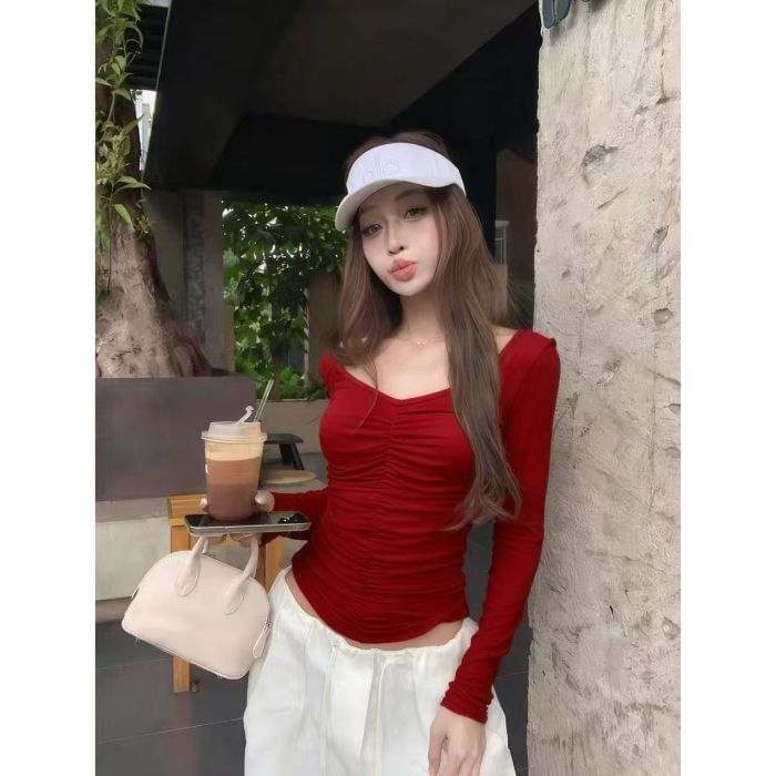 Cinched V-Neck Crop Top with Long Sleeves