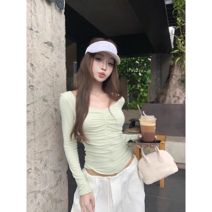 Cinched V-Neck Crop Top with Long Sleeves