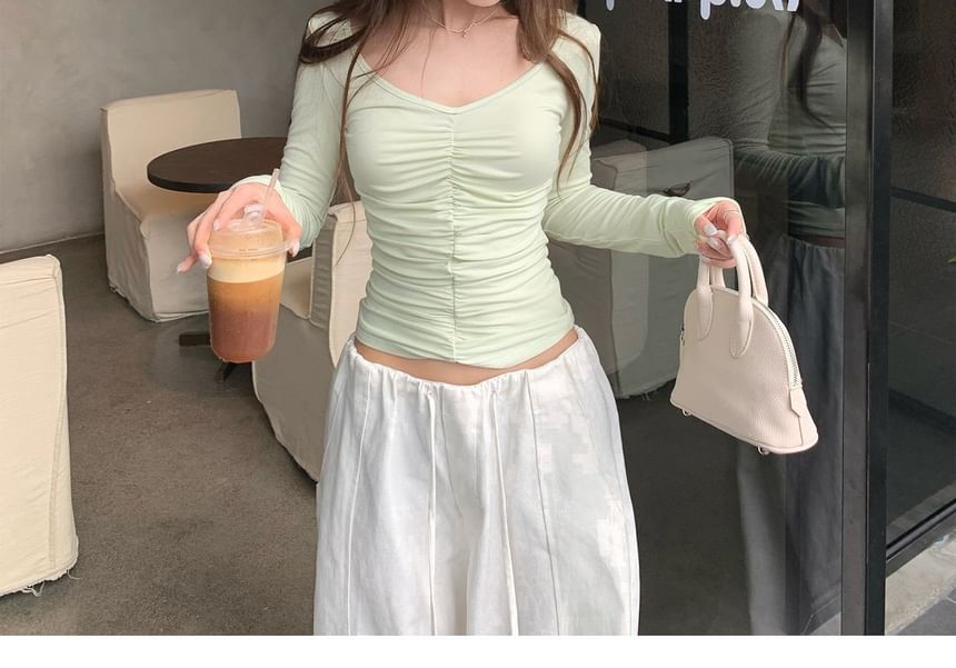 Cinched V-Neck Crop Top with Long Sleeves