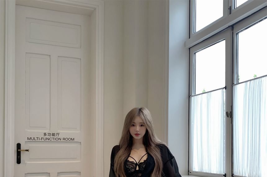 Crop Shirt, Lace Bustier & Lace Panel Mini Pencil Skirt Set