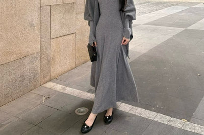 Long-Sleeve V-Neck Plain Maxi A-Line Dress / Scarf
