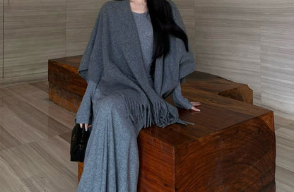 Long-Sleeve V-Neck Plain Maxi A-Line Dress / Scarf