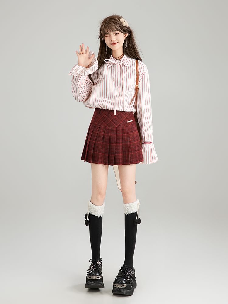 High-Waist Plaid Mini Pleated Skirt