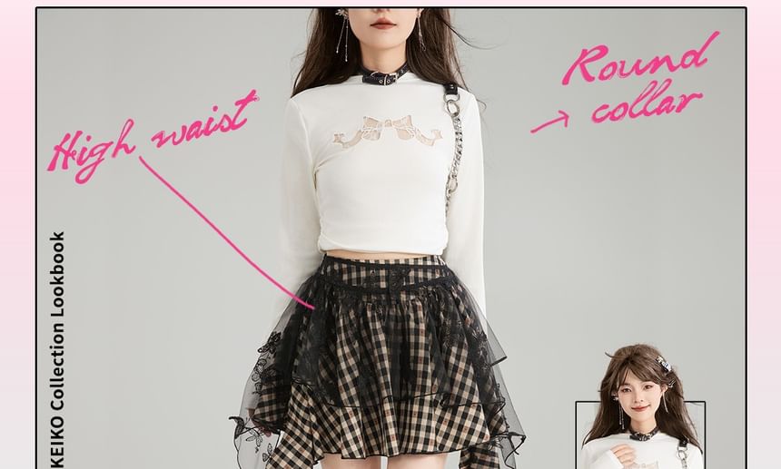 High Waist Plaid Mesh Panel Ruffled Asymmetric Hem Mini Skirt