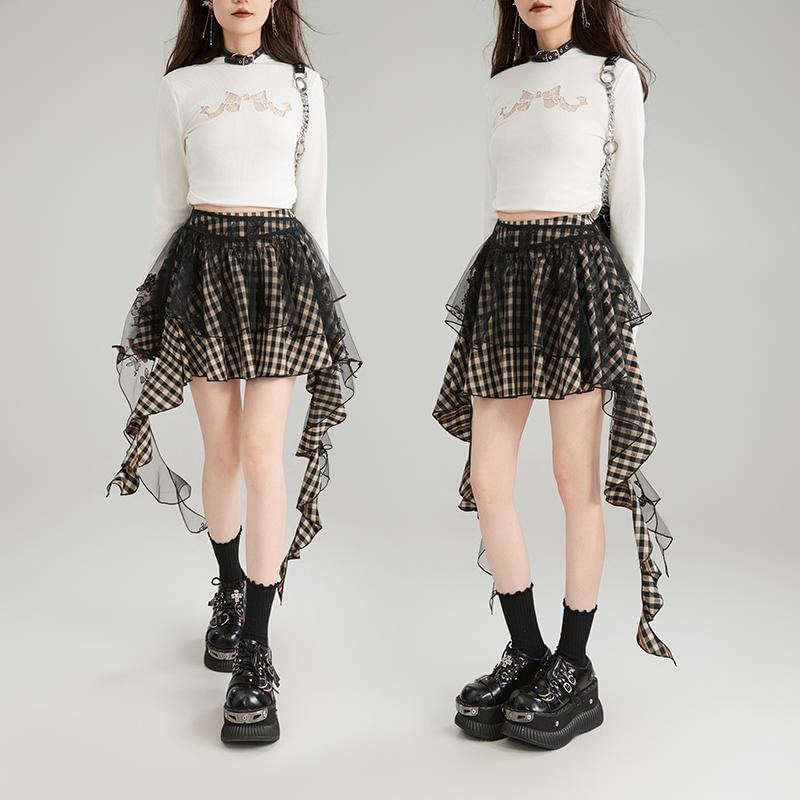 High Waist Plaid Mesh Panel Ruffled Asymmetric Hem Mini Skirt