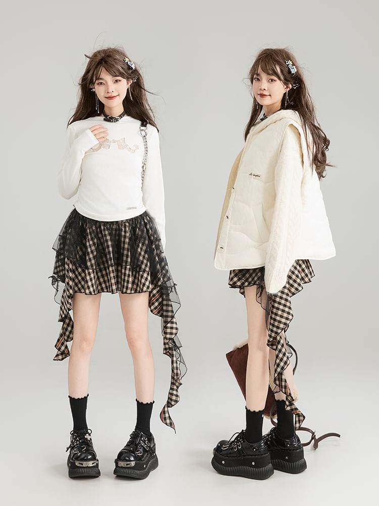 High Waist Plaid Mesh Panel Ruffled Asymmetric Hem Mini Skirt