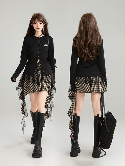High Waist Plaid Mesh Panel Ruffled Asymmetric Hem Mini Skirt