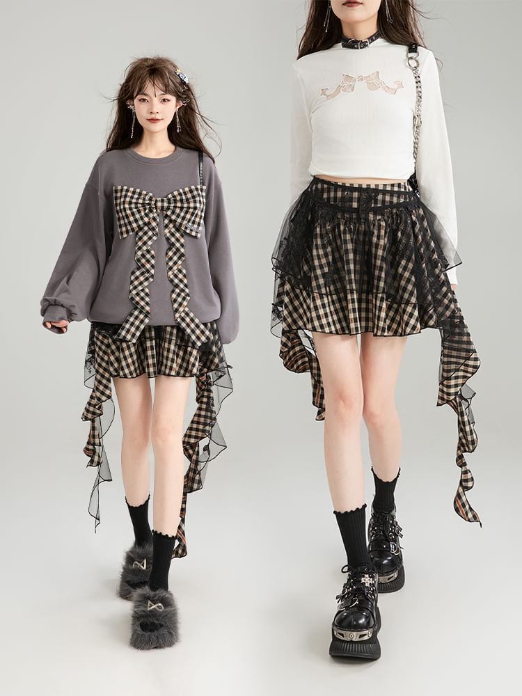 High Waist Plaid Mesh Panel Ruffled Asymmetric Hem Mini Skirt