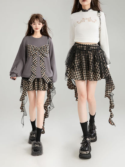 High Waist Plaid Mesh Panel Ruffled Asymmetric Hem Mini Skirt