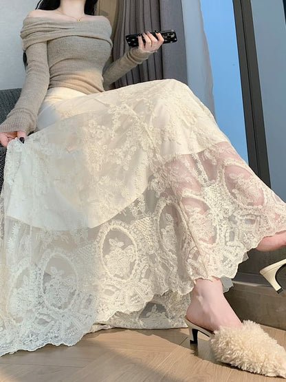 High Waist Lace Maxi A-Line Skirt