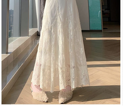 High Waist Lace Maxi A-Line Skirt