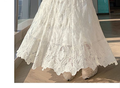 High Waist Lace Maxi A-Line Skirt
