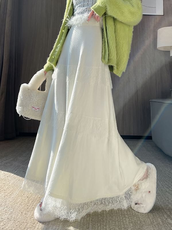 High Rise Fringe Maxi A-Line Skirt