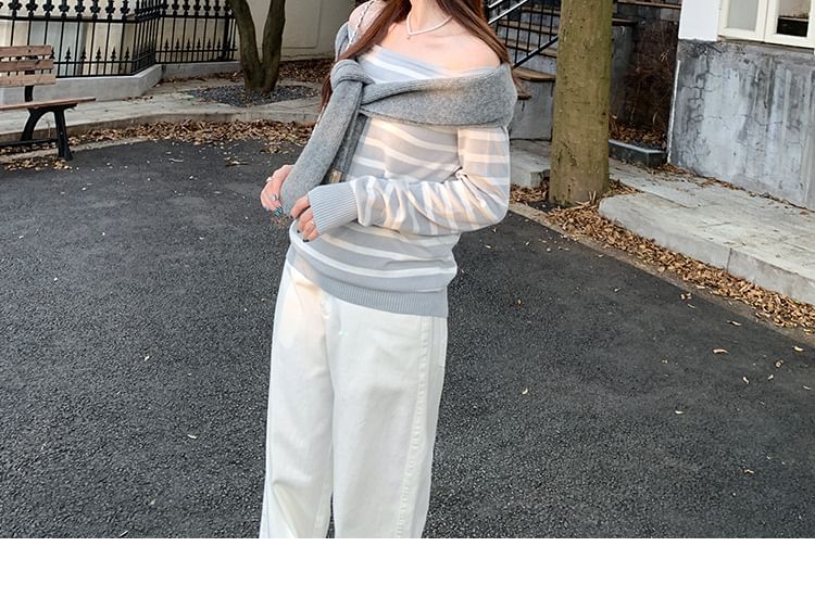 Off-Shoulder Striped Long-Sleeve Sweater