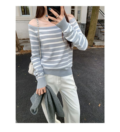 Off-Shoulder Striped Long-Sleeve Sweater
