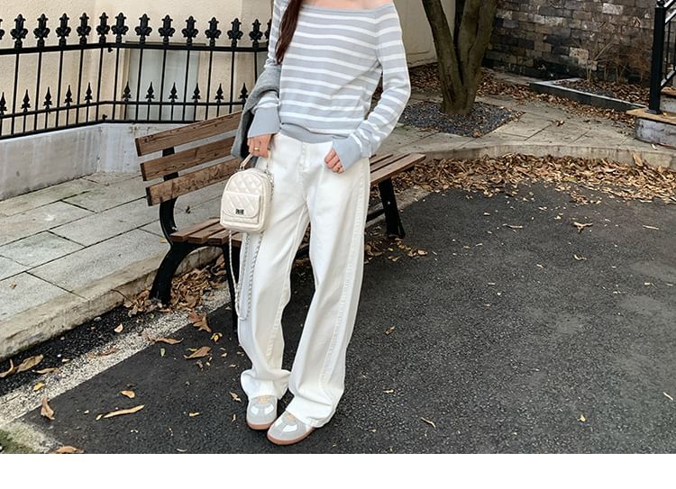 Off-Shoulder Striped Long-Sleeve Sweater