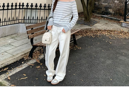 Off-Shoulder Striped Long-Sleeve Sweater