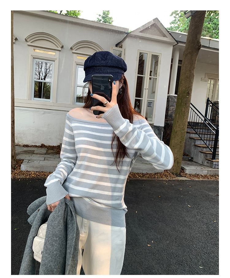 Off-Shoulder Striped Long-Sleeve Sweater