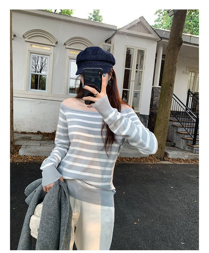 Off-Shoulder Striped Long-Sleeve Sweater