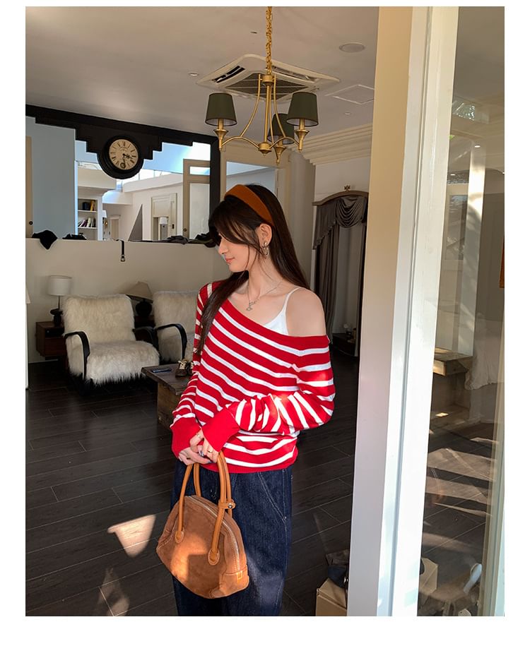 Off-Shoulder Striped Long-Sleeve Sweater