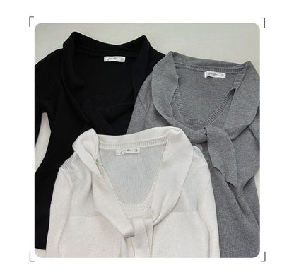 Long-Sleeve Tie Neck Ribbed Knit Top