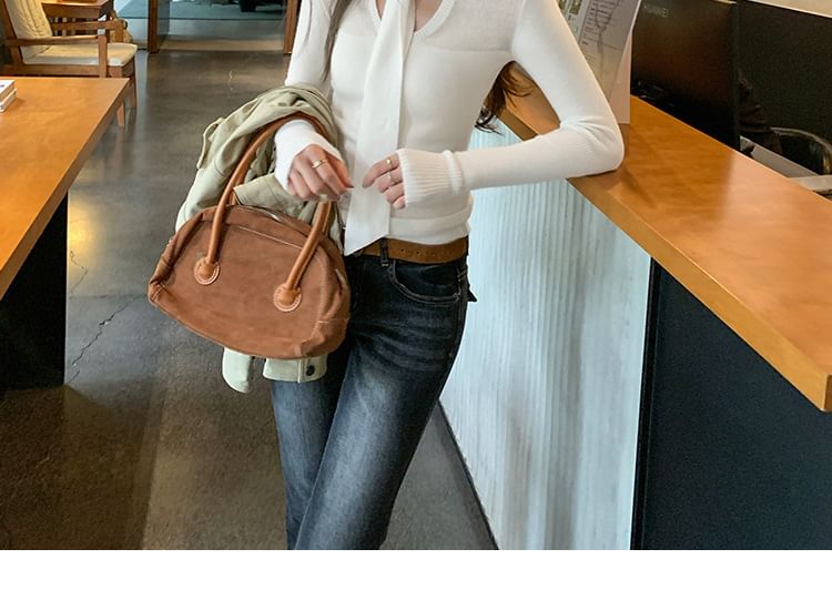 Long-Sleeve Tie Neck Ribbed Knit Top