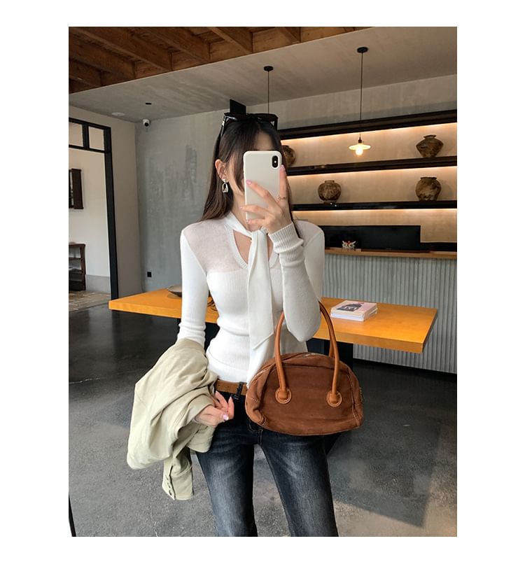 Long-Sleeve Tie Neck Ribbed Knit Top