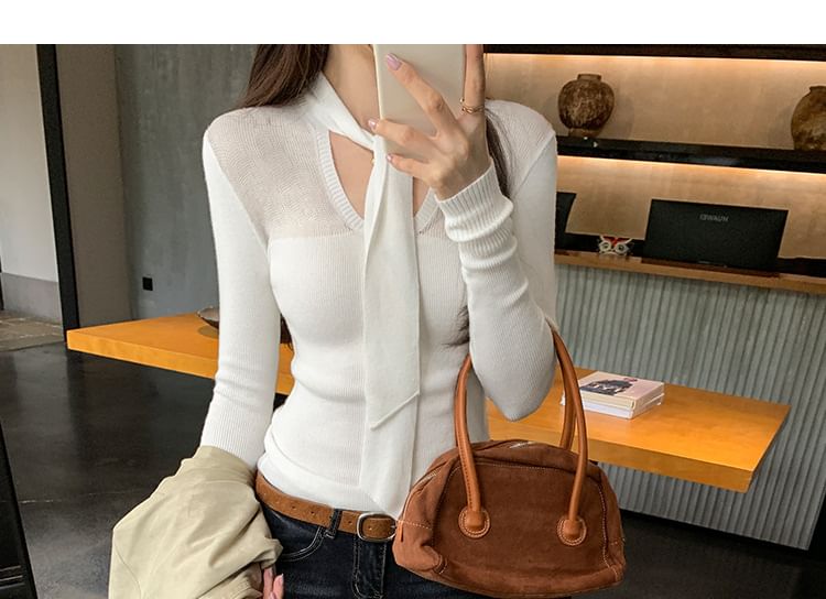 Long-Sleeve Tie Neck Ribbed Knit Top