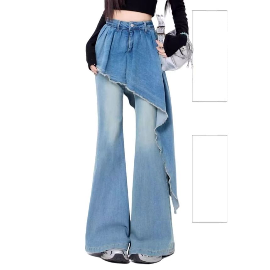 High Waist Washed Asymmetrical Skirt Overlay Flared Jeans