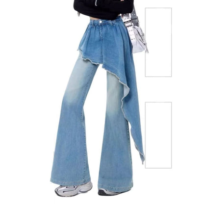 High Waist Washed Asymmetrical Skirt Overlay Flared Jeans