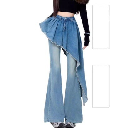 High Waist Washed Asymmetrical Skirt Overlay Flared Jeans