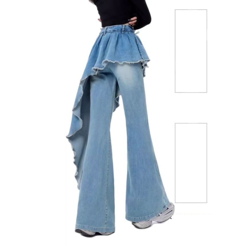 High Waist Washed Asymmetrical Skirt Overlay Flared Jeans