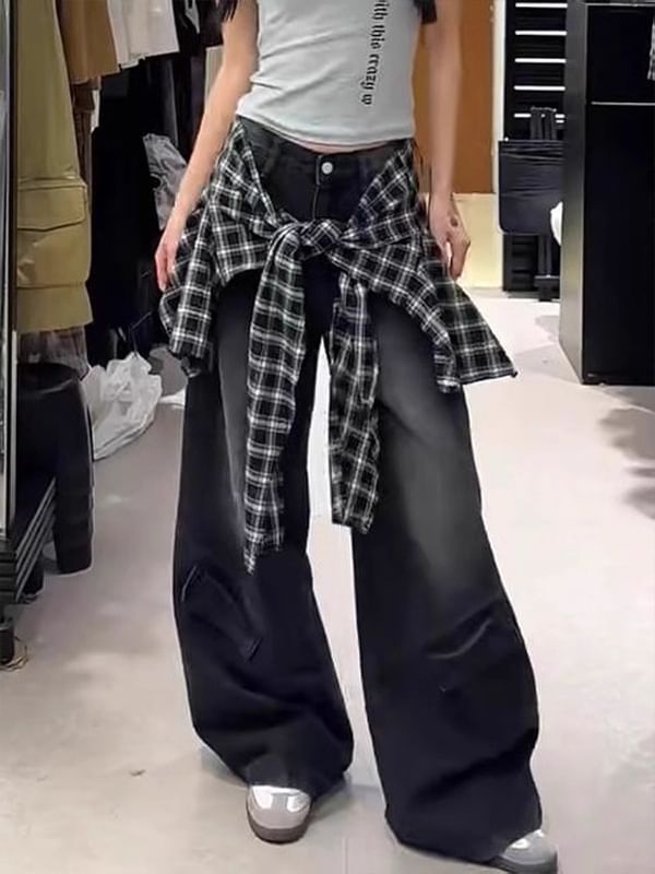 Mid Waist Plaid Skirt Overlay Washed Baggy Jeans