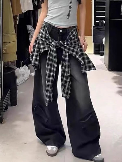 Mid Waist Plaid Skirt Overlay Washed Baggy Jeans