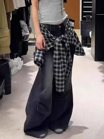 Mid Waist Plaid Skirt Overlay Washed Baggy Jeans