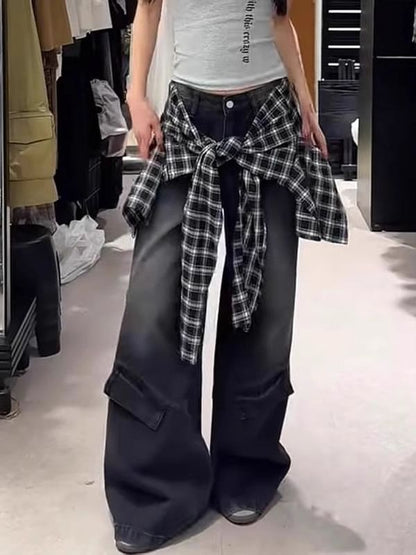 Mid Waist Plaid Skirt Overlay Washed Baggy Jeans