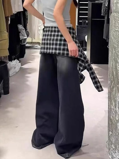 Mid Waist Plaid Skirt Overlay Washed Baggy Jeans