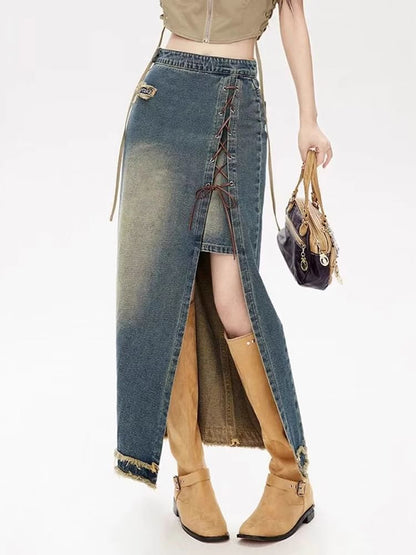 High Waist Washed Fray Slit Lace Up Maxi Pencil Denim Skirt