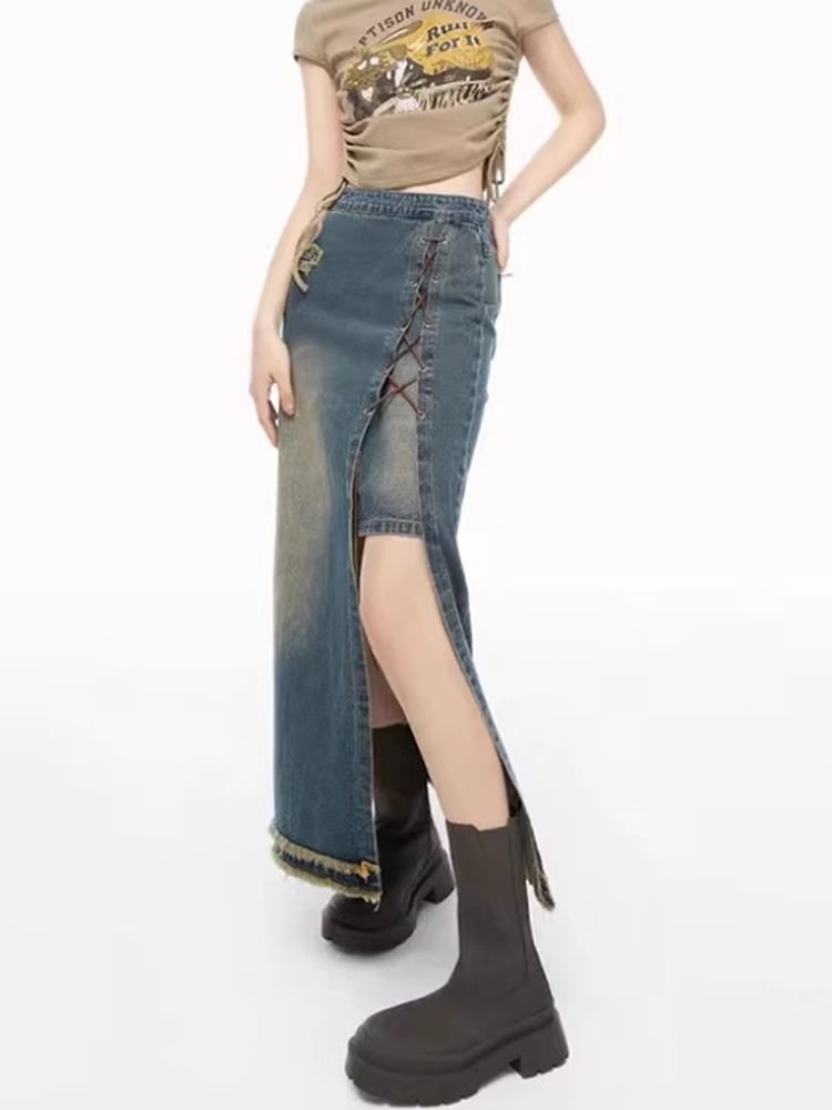 High Waist Washed Fray Slit Lace Up Maxi Pencil Denim Skirt
