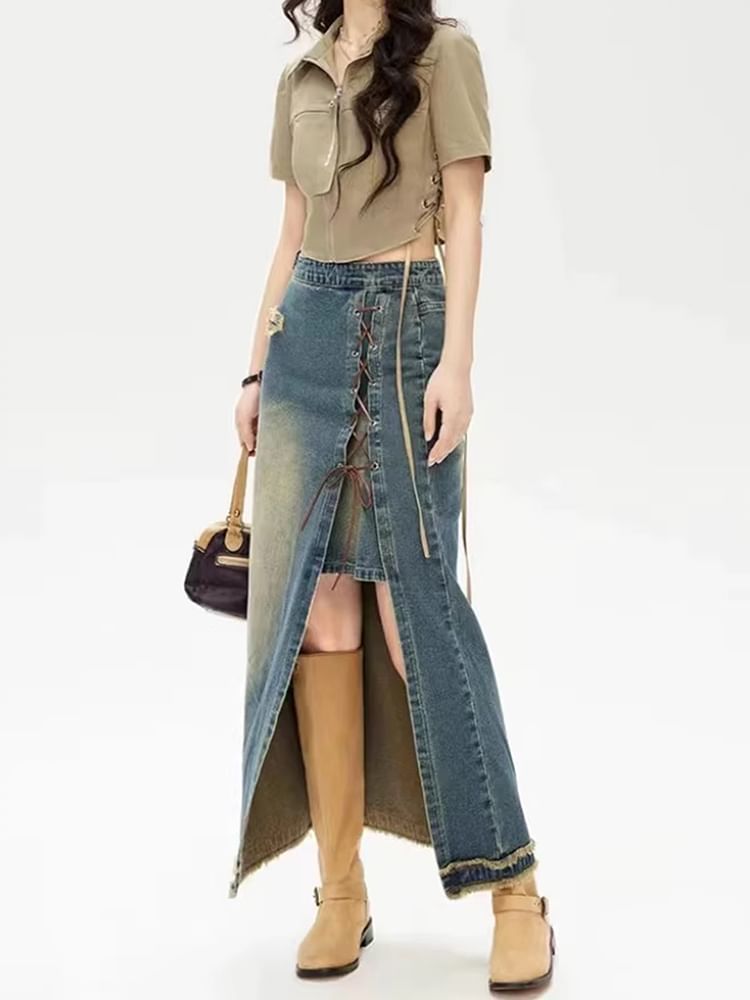 High Waist Washed Fray Slit Lace Up Maxi Pencil Denim Skirt