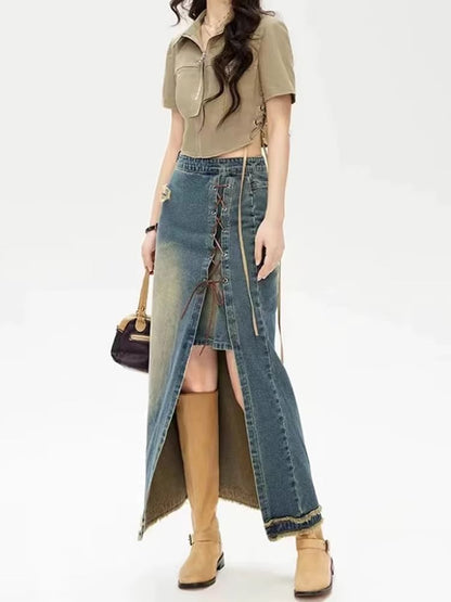 High Waist Washed Fray Slit Lace Up Maxi Pencil Denim Skirt