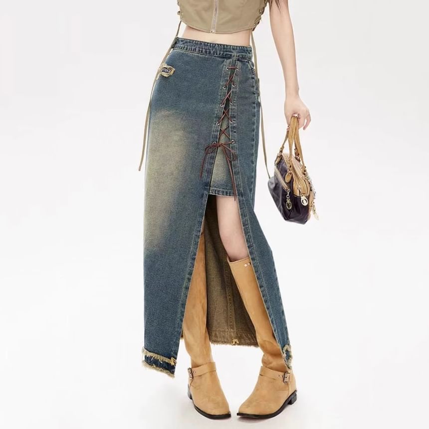 High Waist Washed Fray Slit Lace Up Maxi Pencil Denim Skirt