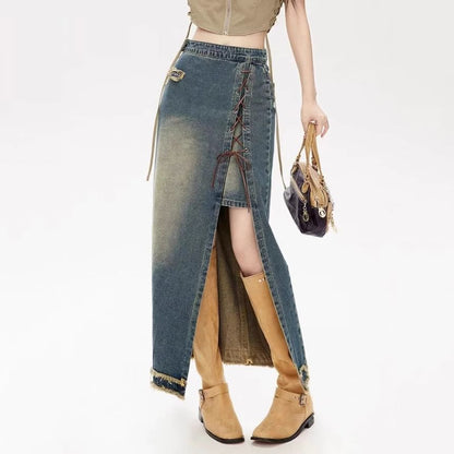 High Waist Washed Fray Slit Lace Up Maxi Pencil Denim Skirt