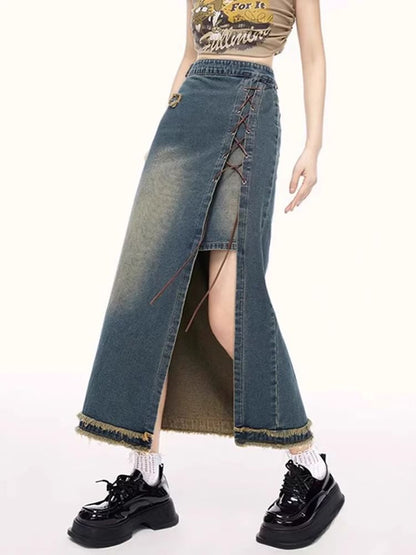 High Waist Washed Fray Slit Lace Up Maxi Pencil Denim Skirt